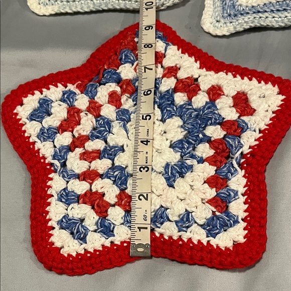 Handmade Crochet Knitted Pot Holders Set of 7 Seven Red, Blue, White - Picture 4 of 8